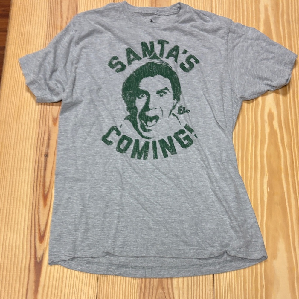 ELF Gray T-Shirt with Green Santa Graphic
